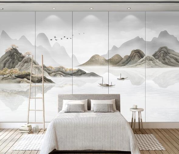 3D Mountain River Boat WC2214 Wall Murals