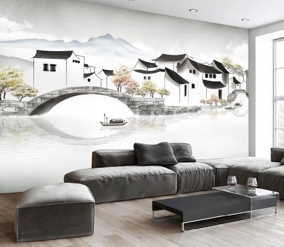 3D Bridge Tree River WC2069 Wall Murals