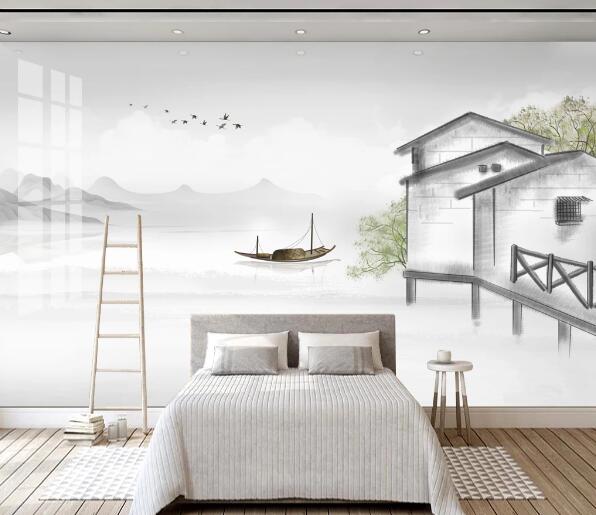 3D House Boat Lake WC1996 Wall Murals