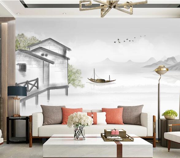 3D House Boat Lake WC1996 Wall Murals