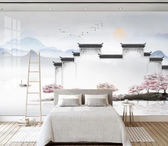 3D Peach Blossom House WC1915 Wall Murals