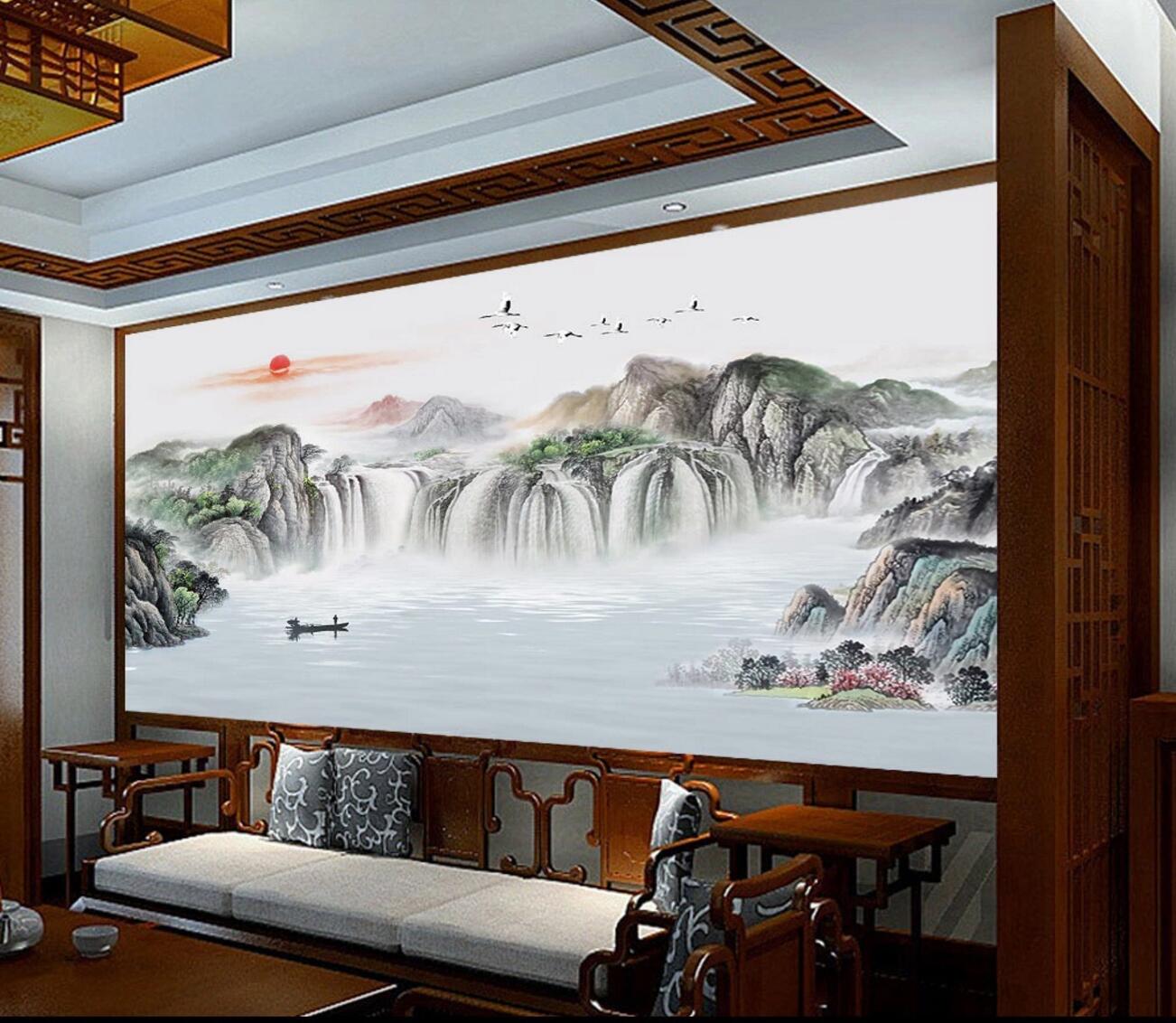 3D Sun Falls Lake WC2490 Wall Murals