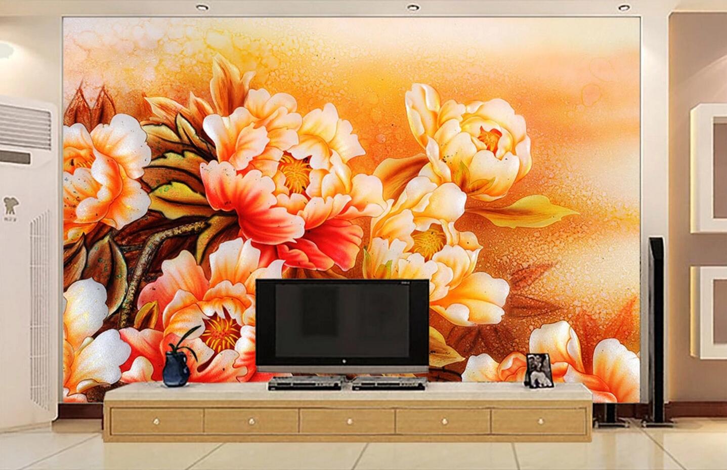 3D Orange Peony WC126 Wall Murals