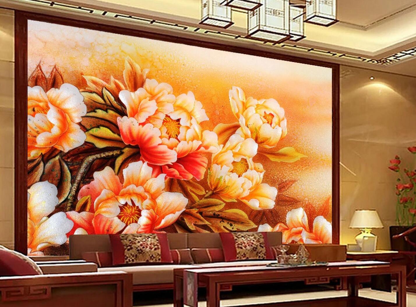 3D Orange Peony WC126 Wall Murals