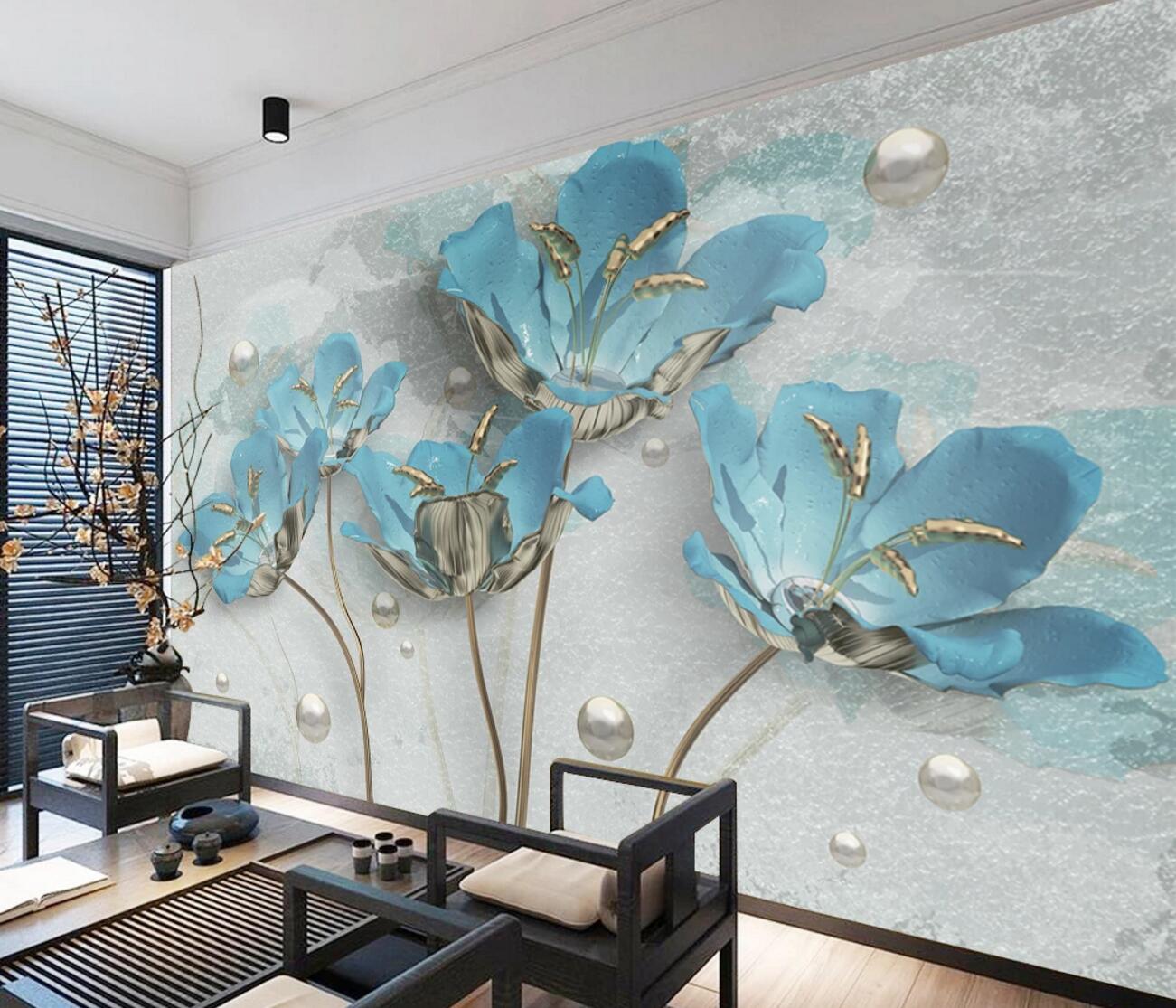 3D Blue Flower Pearl WC2720 Wall Murals