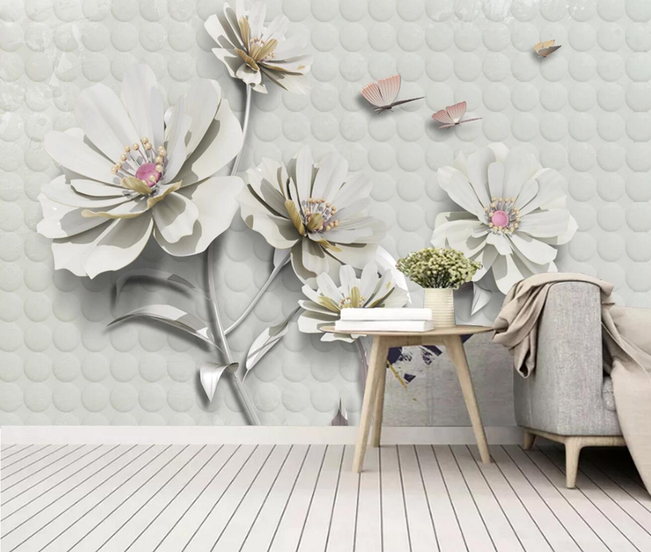 3D White Flower Butterfly WC2050 Wall Murals