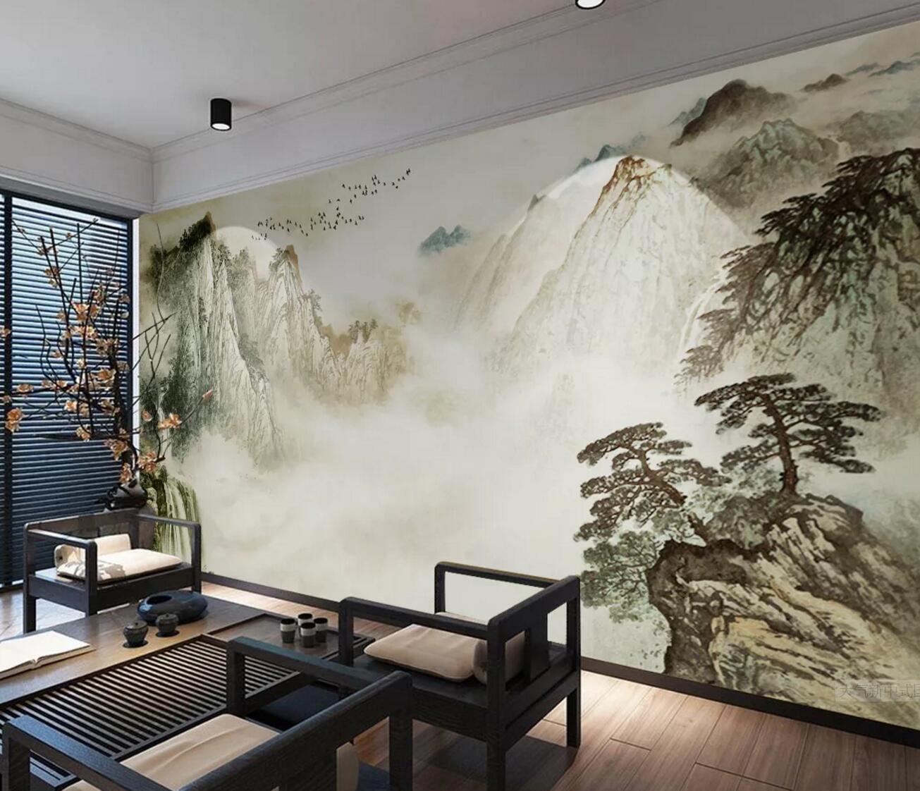 3D Mountain Cliff Tree WC534 Wall Murals