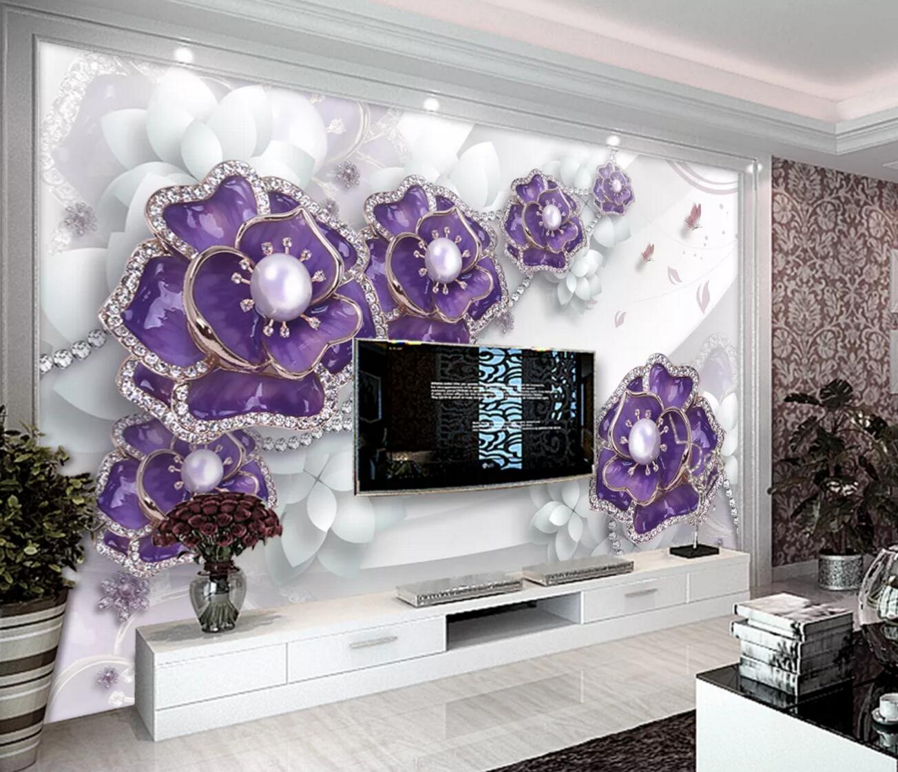 3D Purple Pearl Flower WC384 Wall Murals