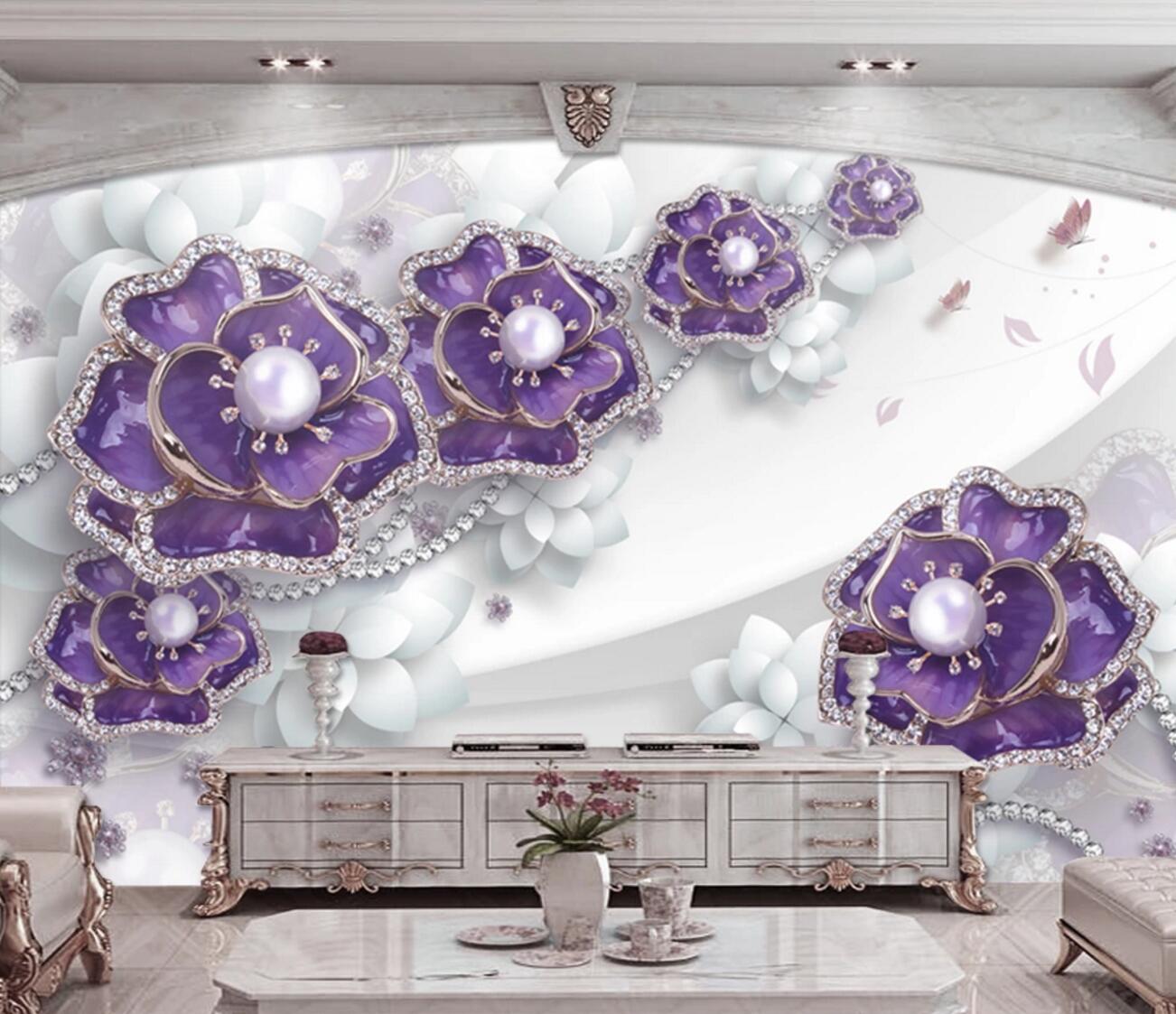 3D Purple Pearl Flower WC384 Wall Murals