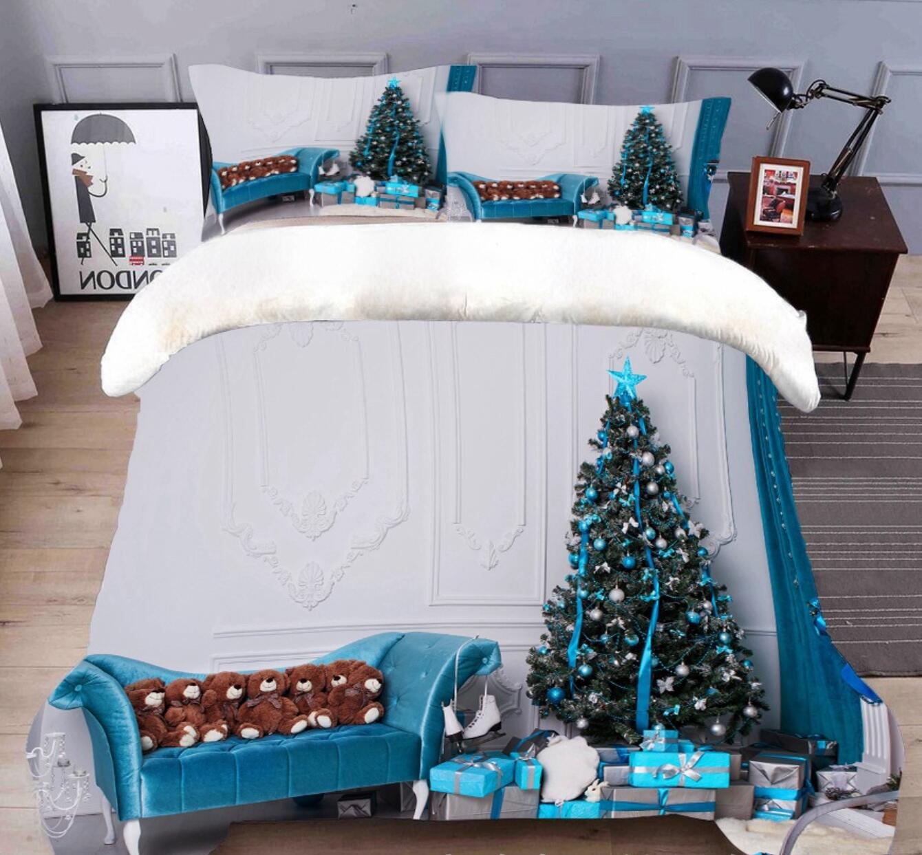 3D Blue Sofa Tree 31236 Christmas Quilt Duvet Cover Xmas Bed Pillowcases