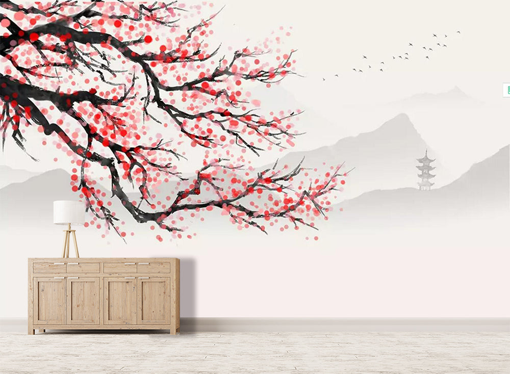 3D Temple Red Plum WC795 Wall Murals