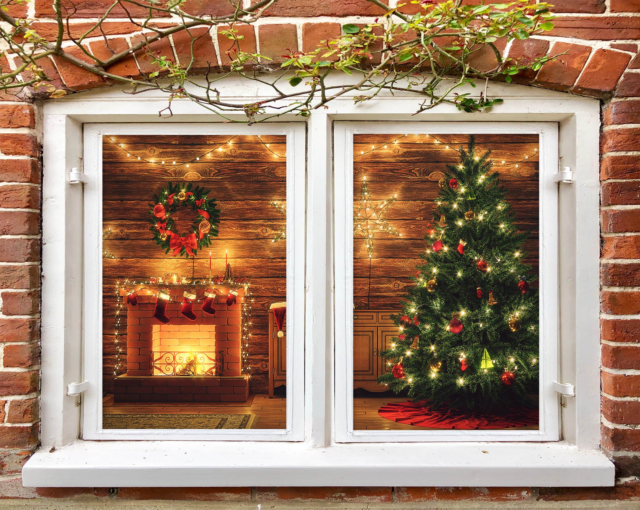 3D Christmas Tree Fireplace 30091 Christmas Window Film Print Sticker Cling Stained Glass Xmas