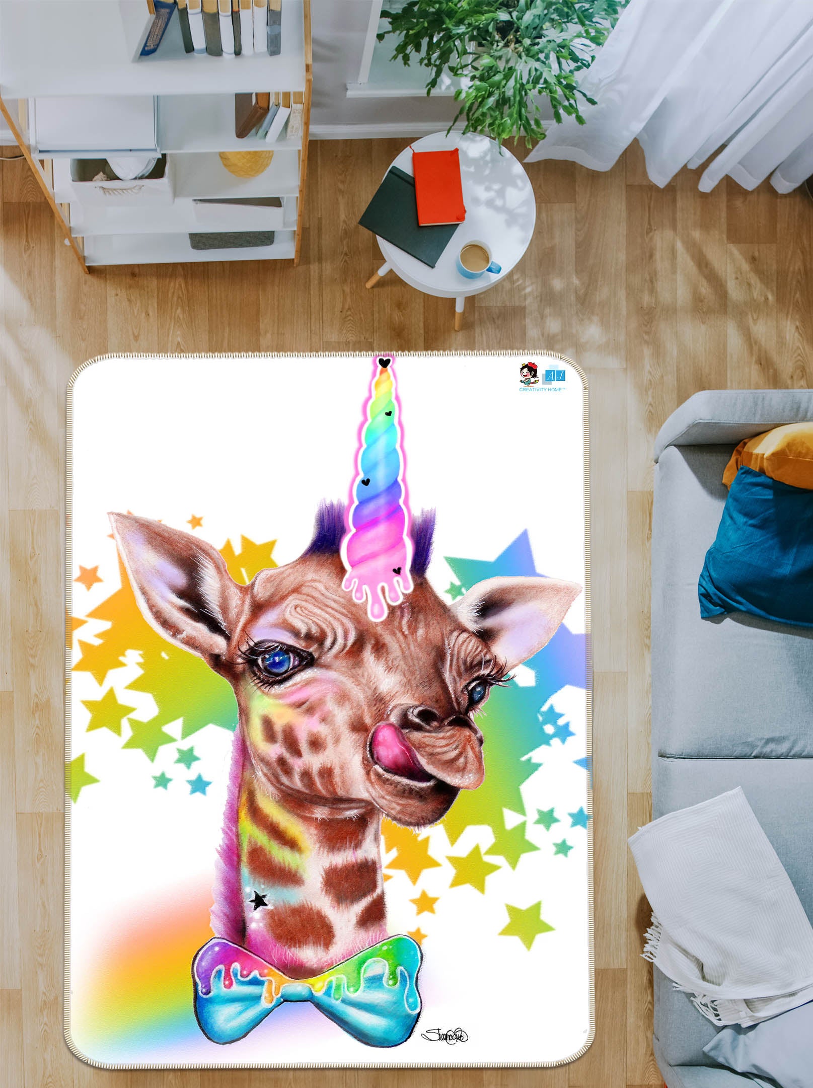 3D Rainbow Star Giraffe 8510 Sheena Pike Rug Non Slip Rug Mat