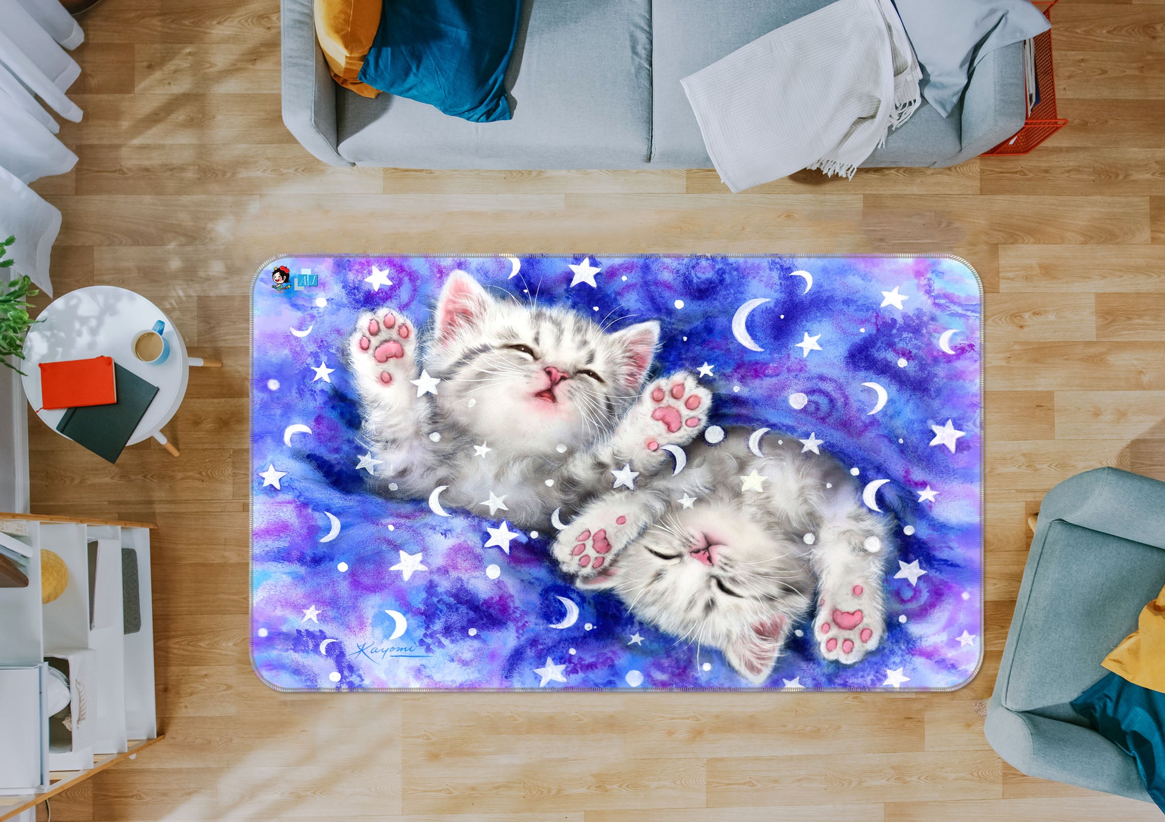 3D Moon Star Cat 5751 Kayomi Harai Rug Non Slip Rug Mat