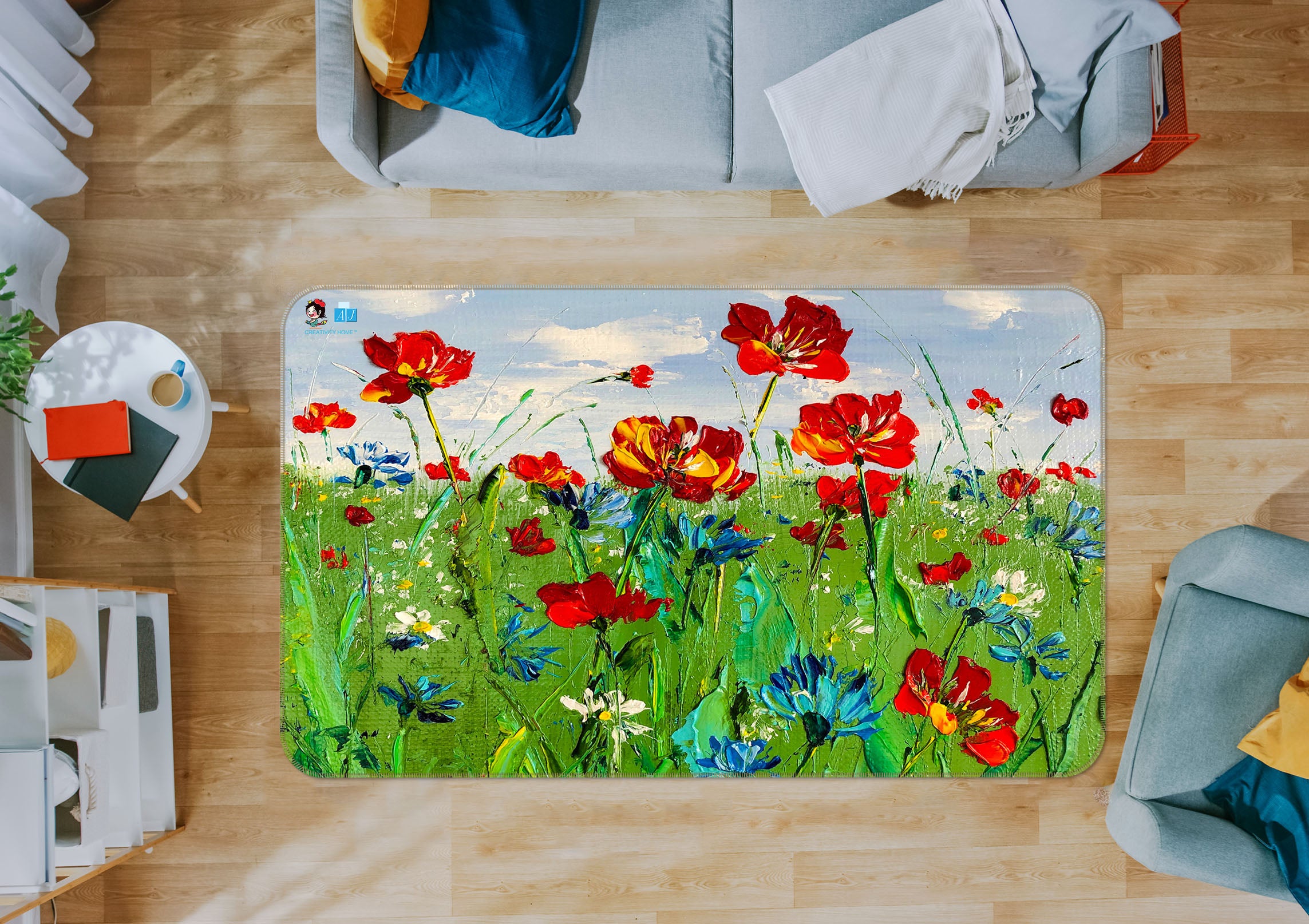 3D Red Flower Grass 1247 Skromova Marina Rug Non Slip Rug Mat