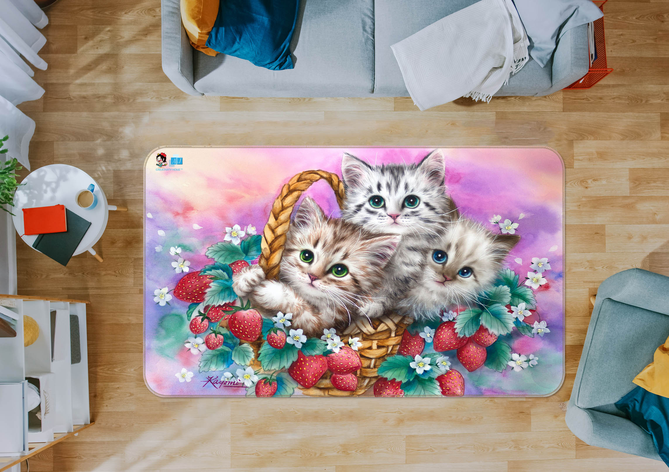 3D Strawberry Cat 5635 Kayomi Harai Rug Non Slip Rug Mat