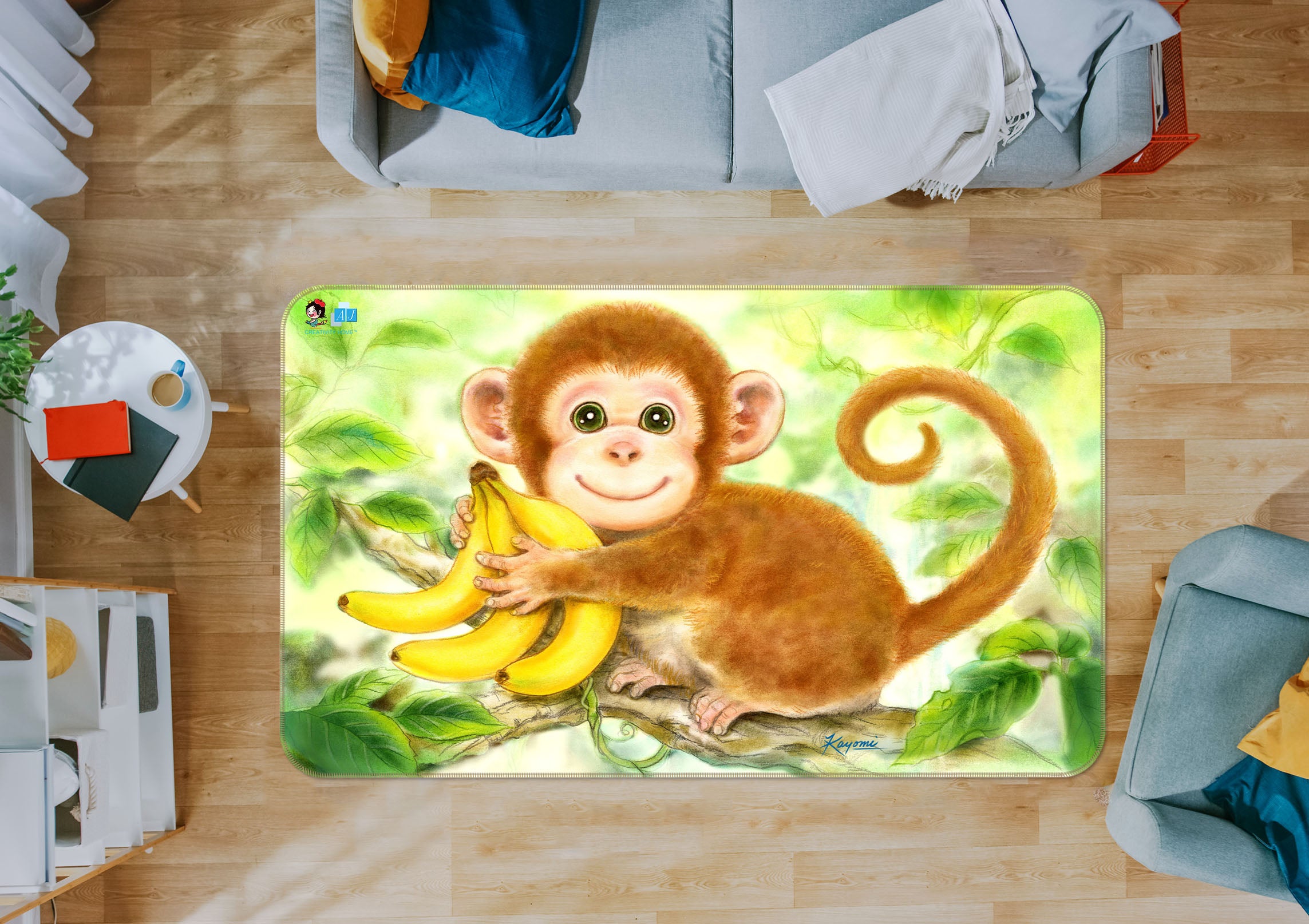 3D Cute Monkey Banana 5601 Kayomi Harai Rug Non Slip Rug Mat