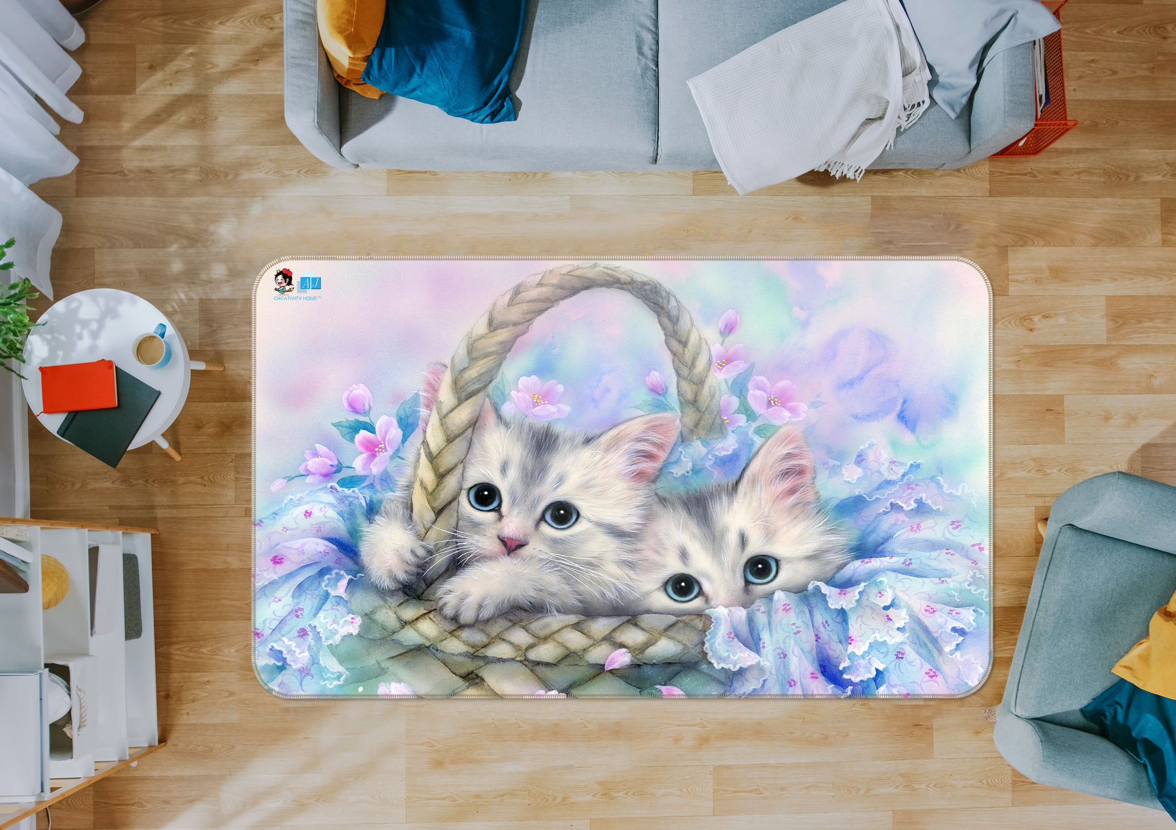 3D Flower Basket Cat 5606 Kayomi Harai Rug Non Slip Rug Mat