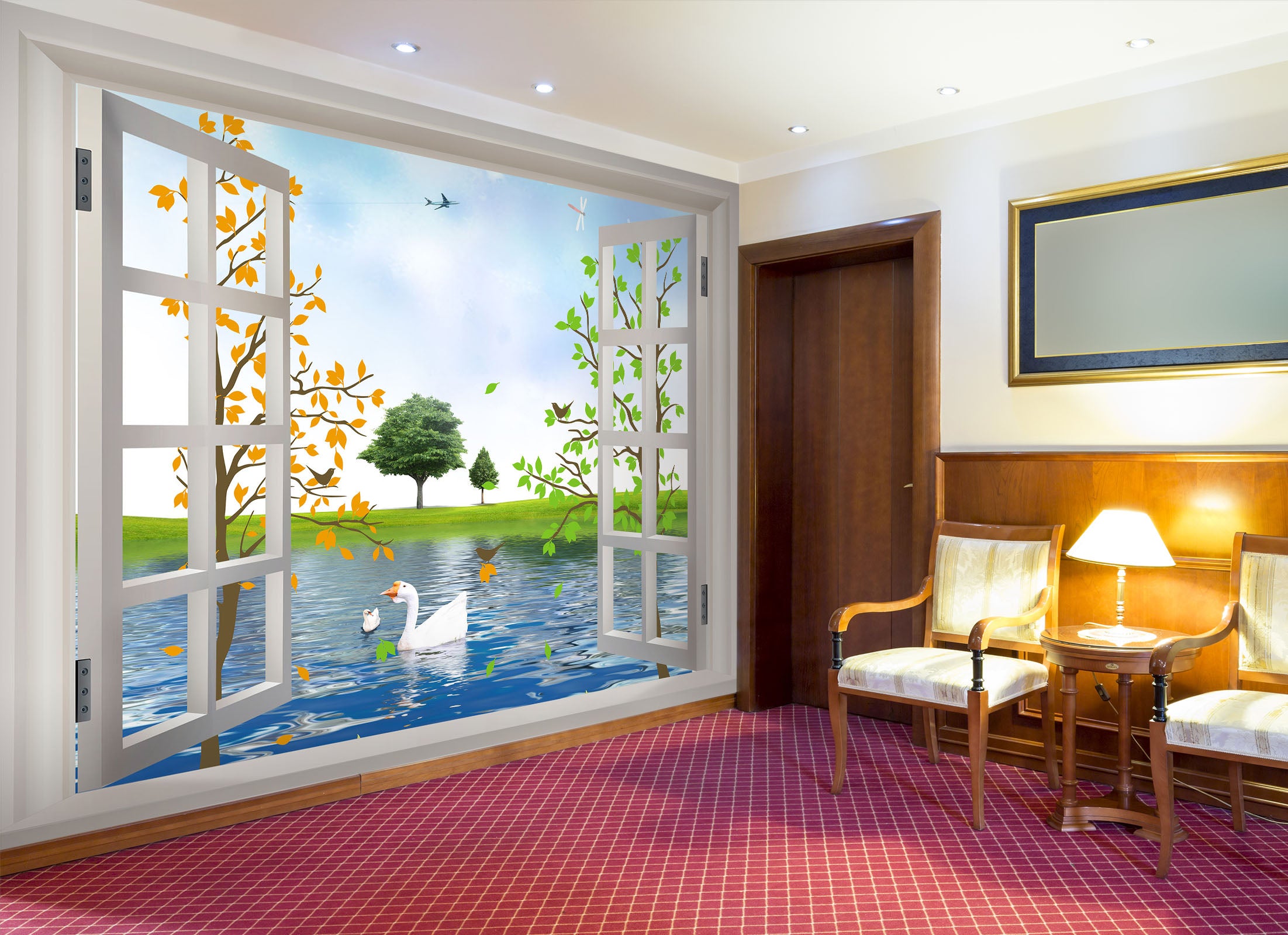 3D Swan Window Lake 242 Wall Murals