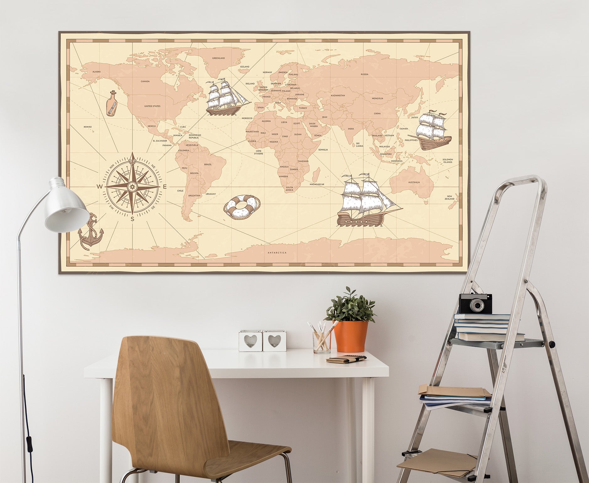 3D Sailing Ship 101 World Map Wall Sticker