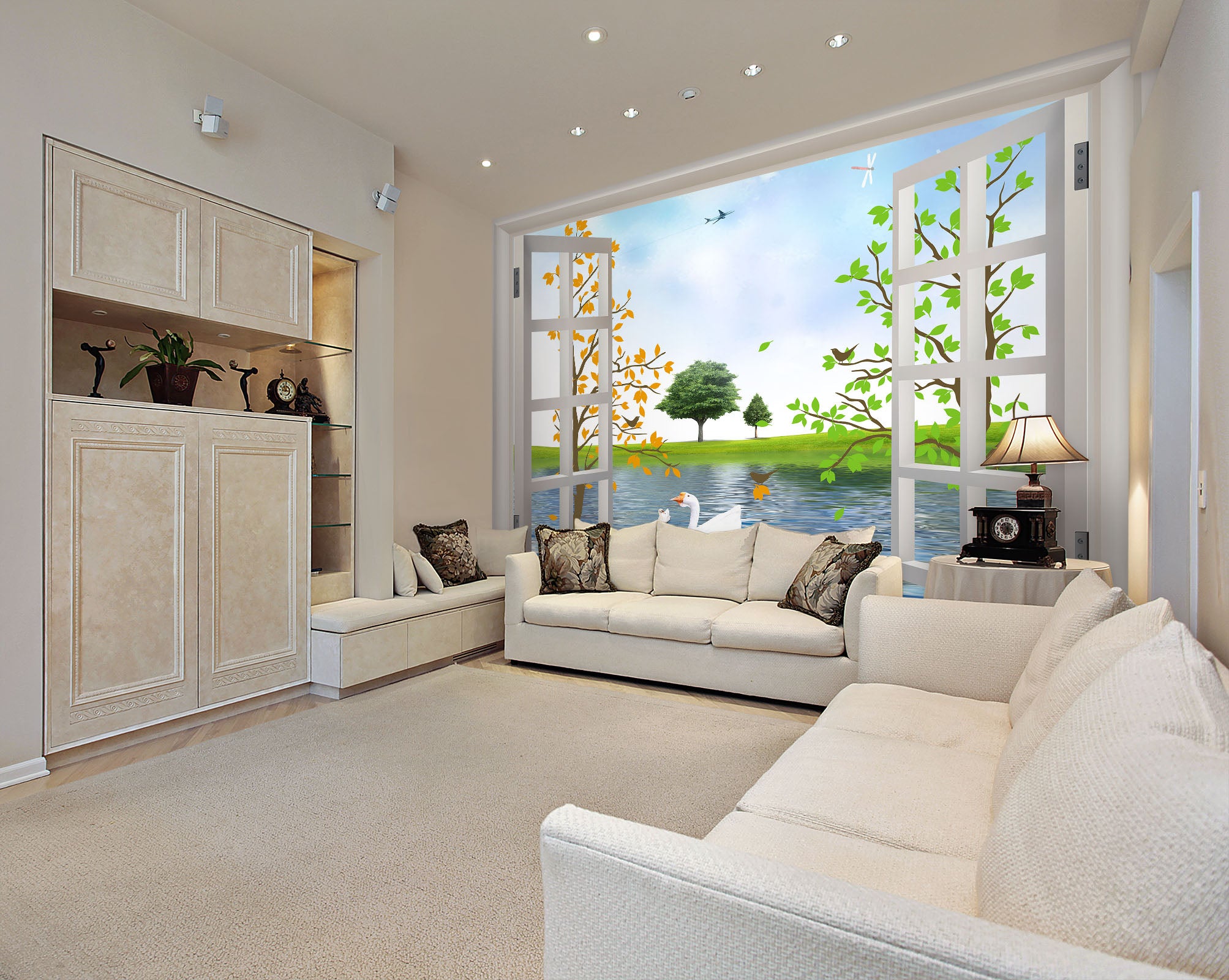 3D Swan Window Lake 242 Wall Murals