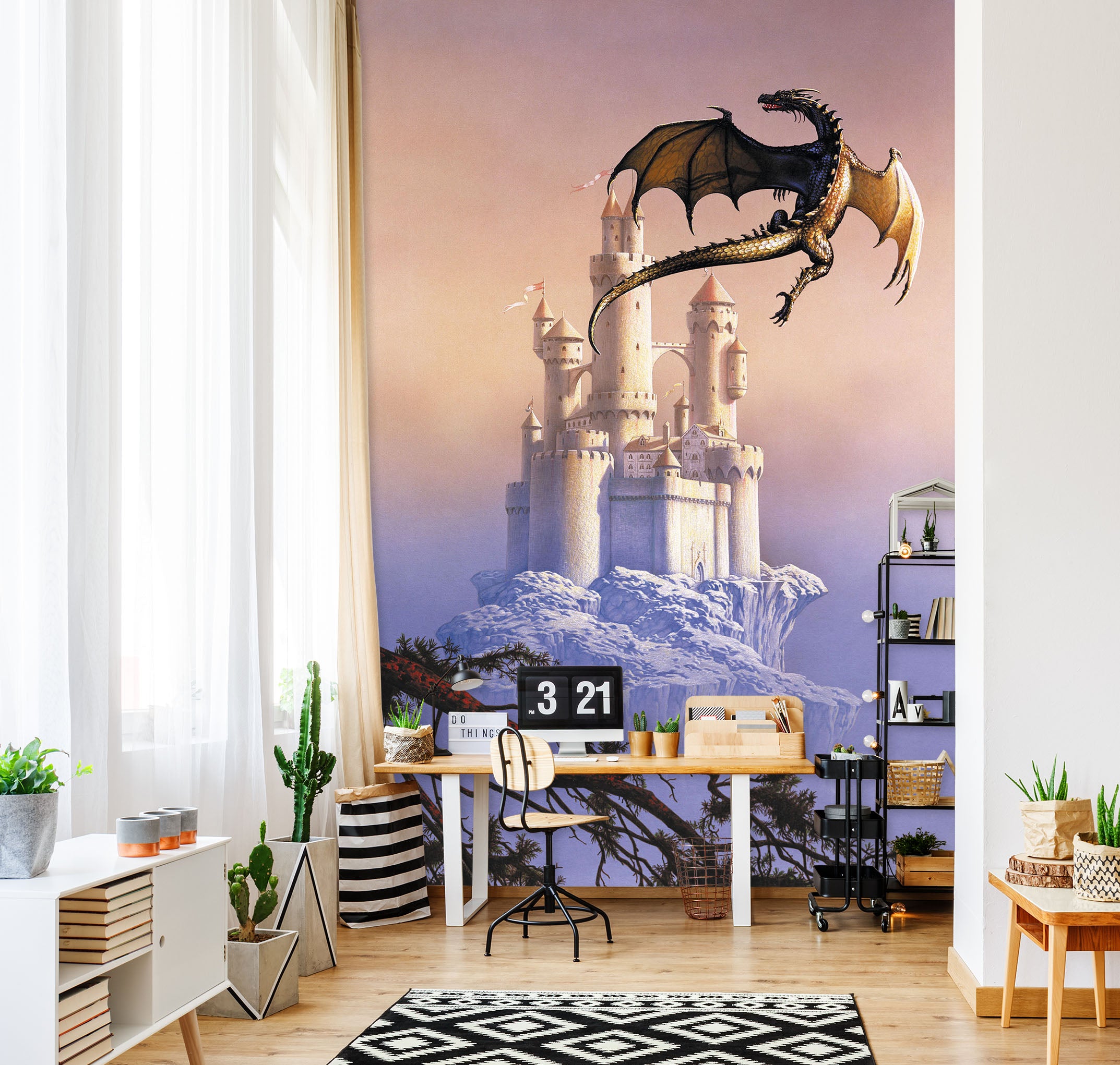 3D Castle Flying Dragon 7093 Ciruelo Wall Mural Wall Murals