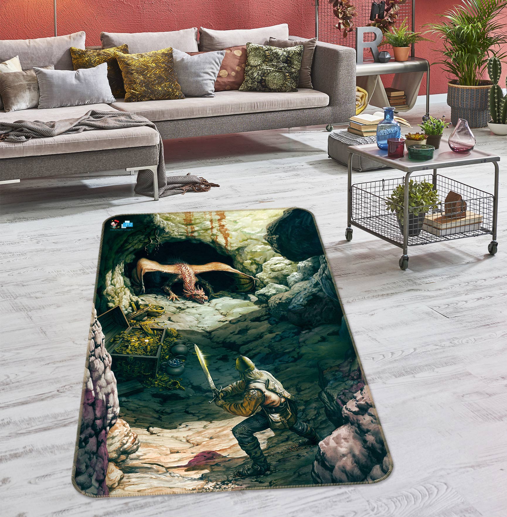 3D Stone Cave Dragon Soldier 5189 Ciruelo Rug Non Slip Rug Mat