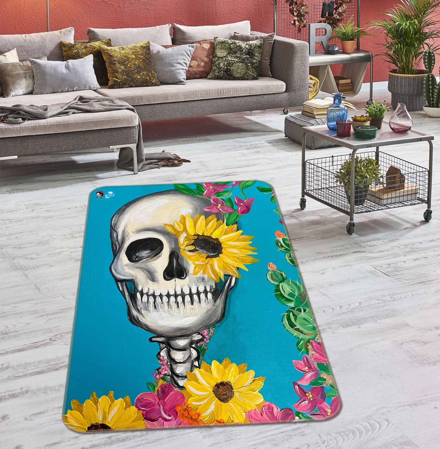 3D Skull Sunflower 8223 Jacqueline Reynoso Rug Non Slip Rug Mat