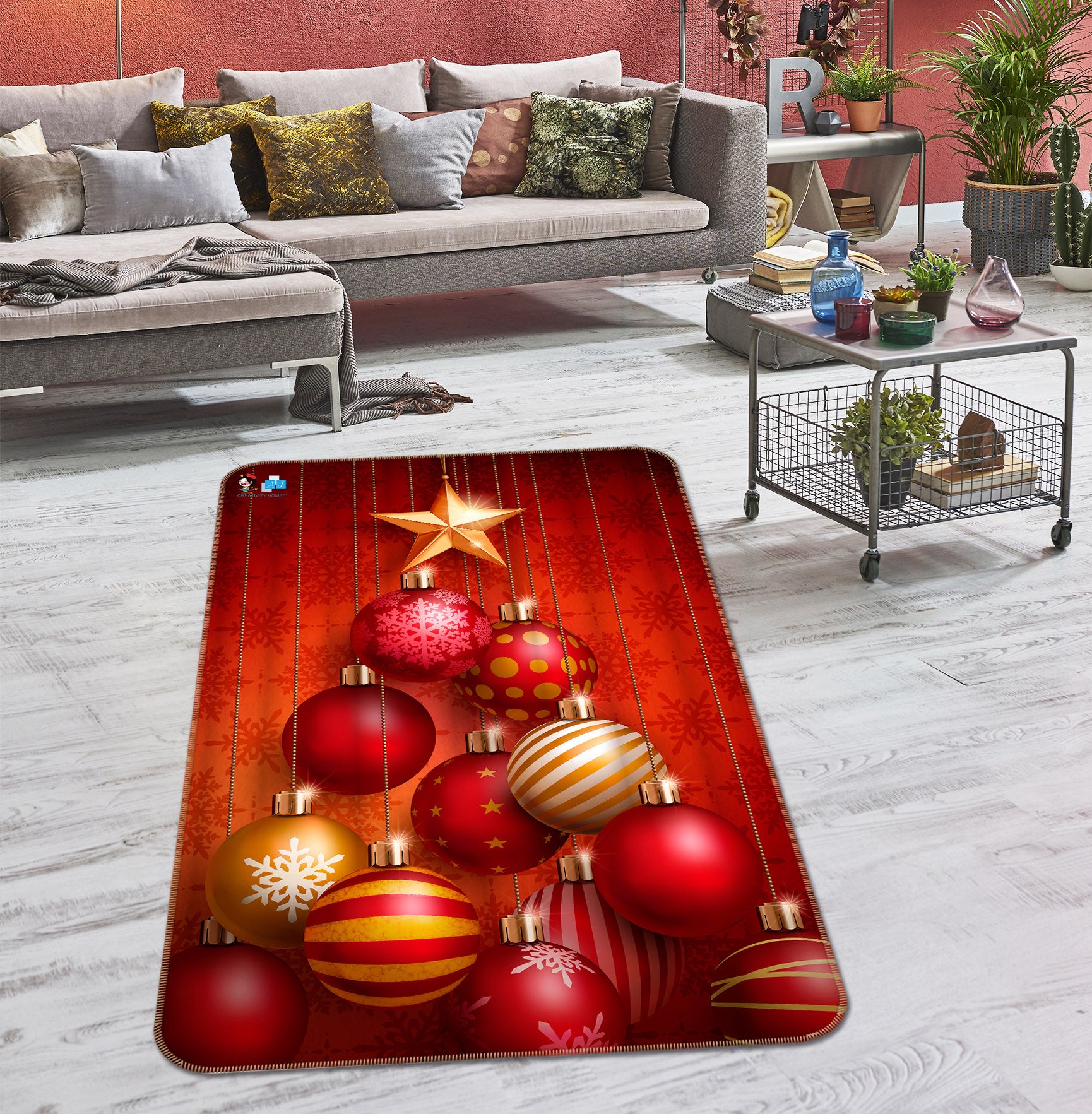 3D Red Ball Tree Yellow Stars 57006 Christmas Non Slip Rug Mat Xmas