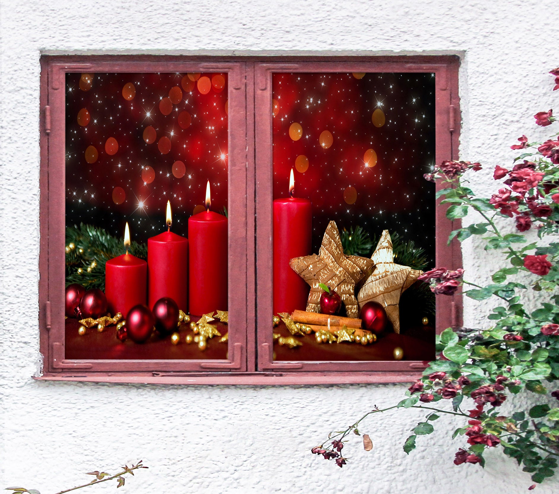 3D Red Candle Five-Pointed Star 30008 Christmas Window Film Print Sticker Cling Stained Glass Xmas