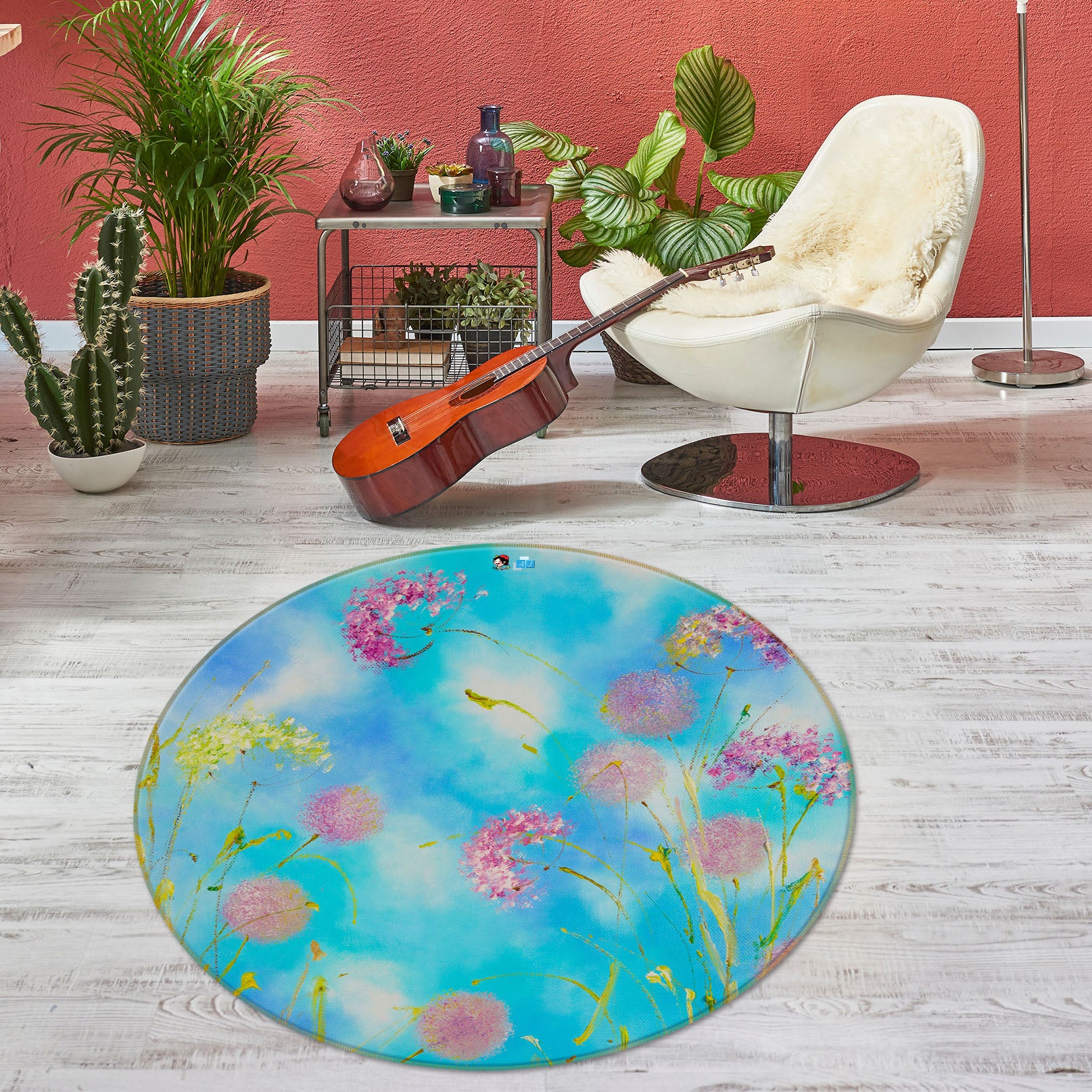 3D Pink Flower Grass 835 Skromova Marina Rug Round Non Slip Rug Mat