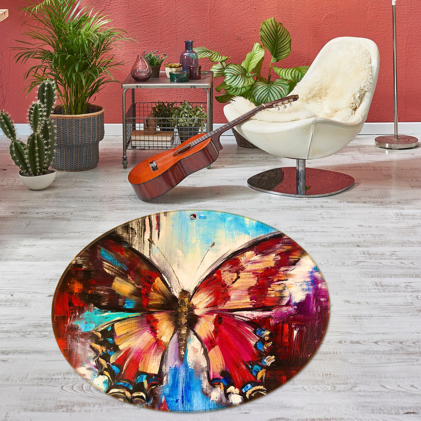 3D Red Painted Butterfly 852 Skromova Marina Rug Round Non Slip Rug Mat