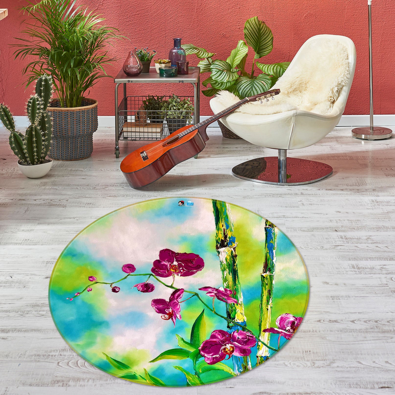 3D Bamboo Flower 885 Skromova Marina Rug Round Non Slip Rug Mat