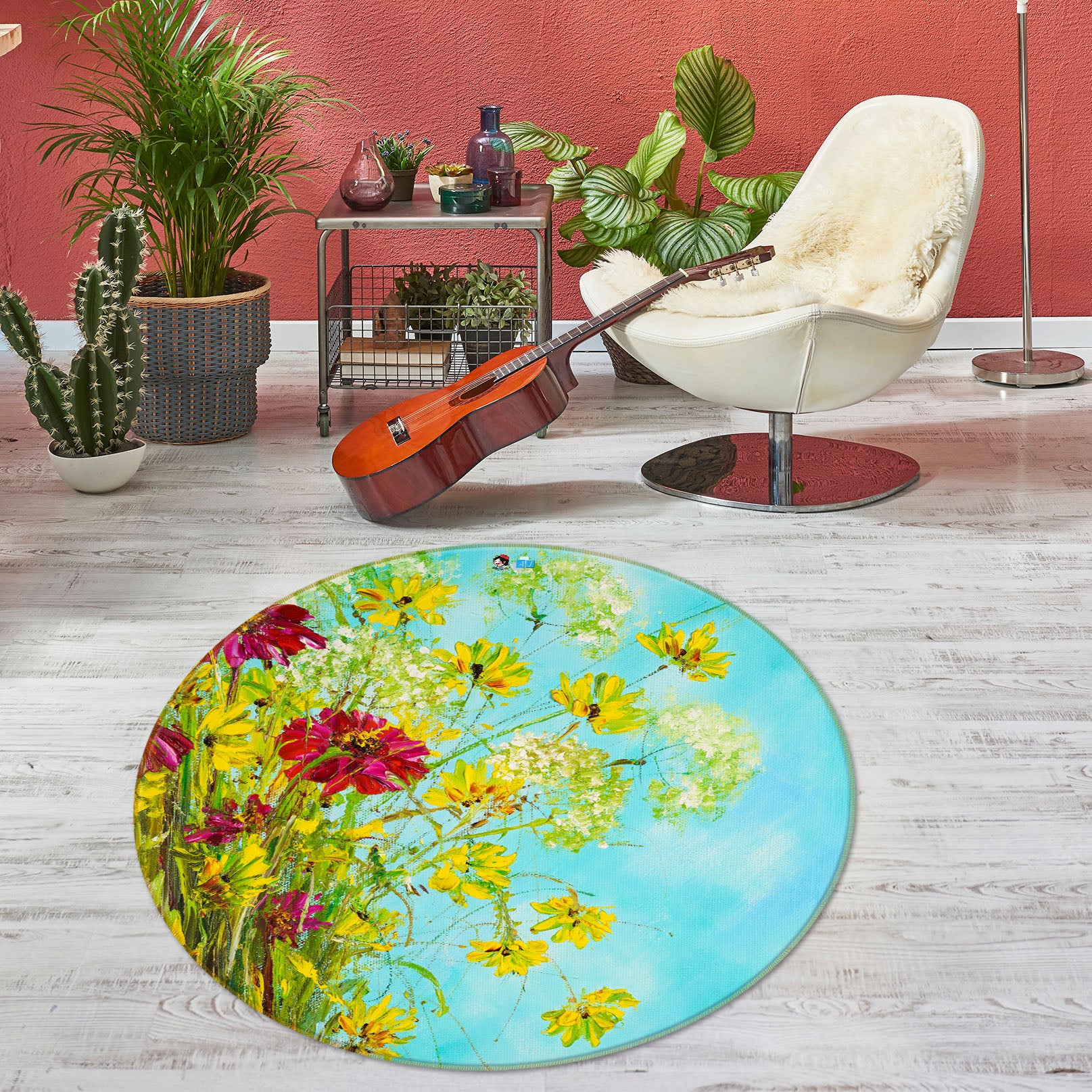 3D Yellow Flower 830 Skromova Marina Rug Round Non Slip Rug Mat