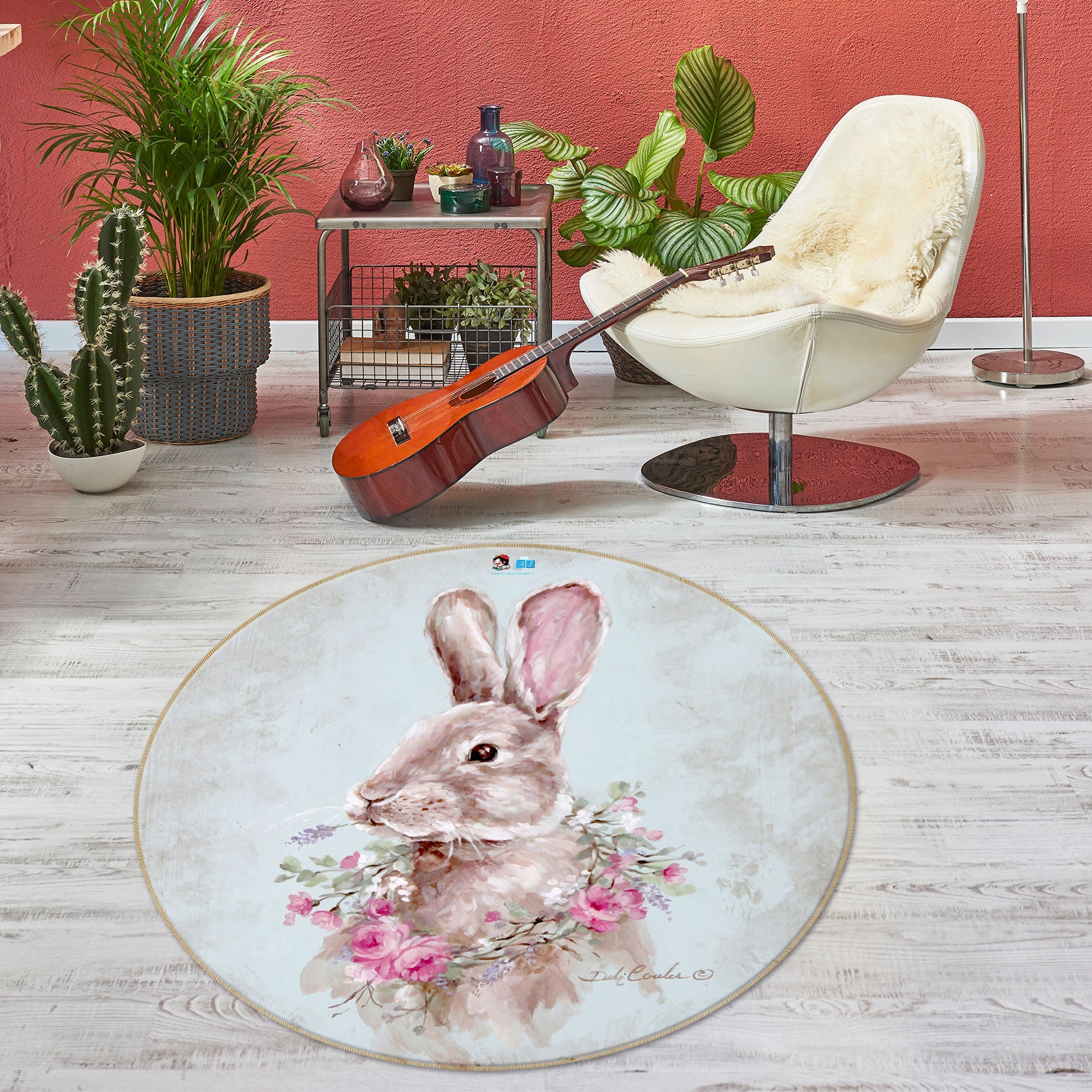 3D Wreath Bunny 1144 Debi Coules Rug Round Non Slip Rug Mat