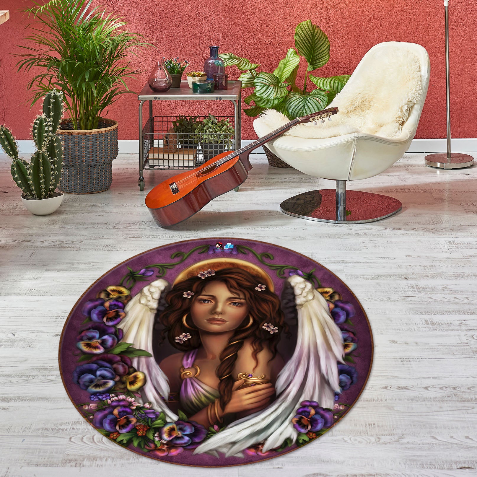 3D Purple Flower Angel 8906 Brigid Ashwood Rug Round Non Slip Rug Mat