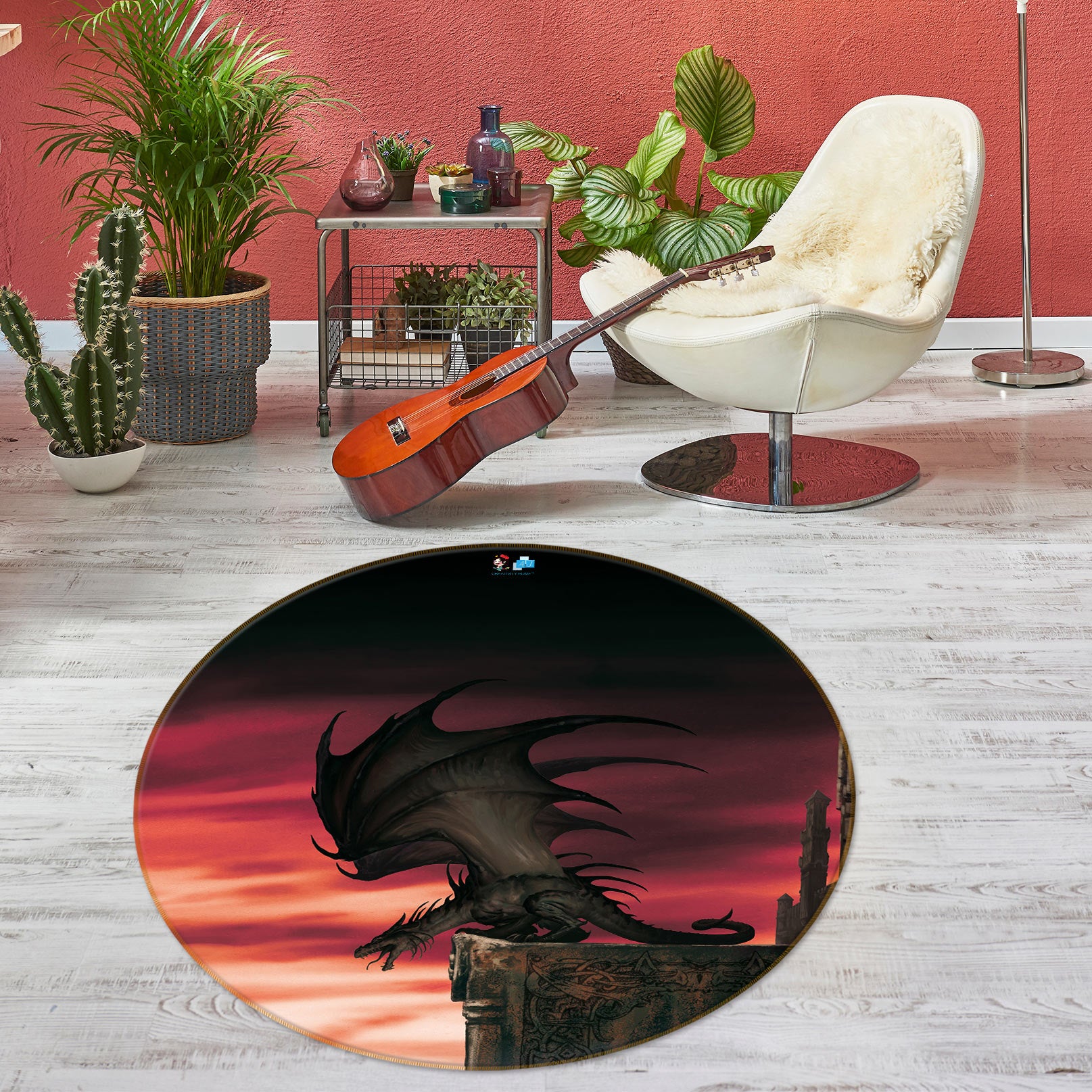 3D Red Sky Dragon 6127 Ciruelo Rug Round Non Slip Rug Mat