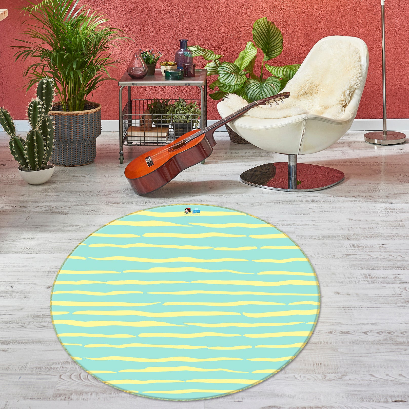 3D Green-Yellow Stripes 10556 Kashmira Jayaprakash Rug Round Non Slip Rug Mat