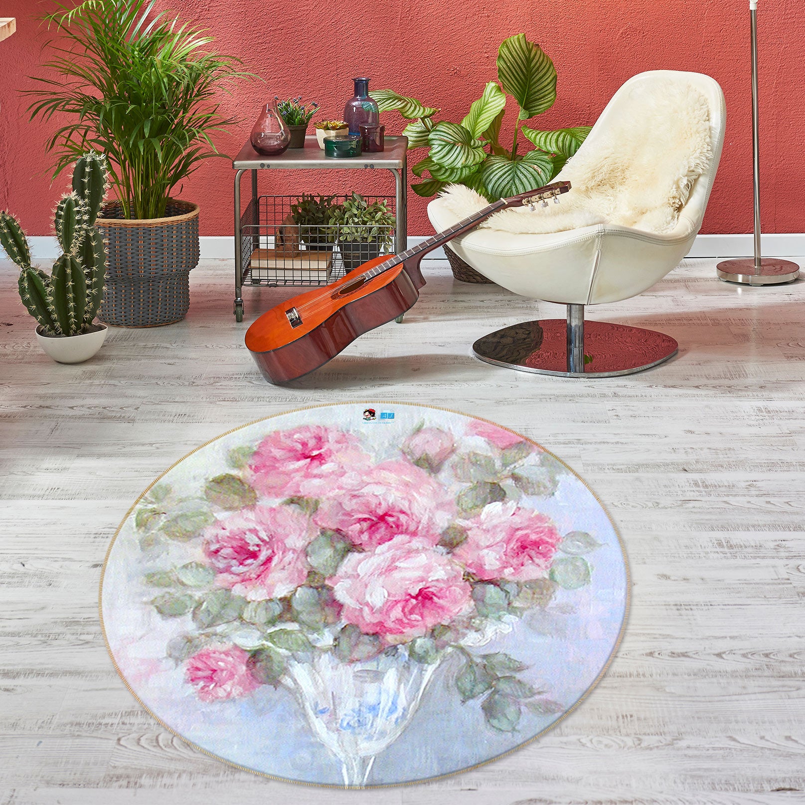 3D Flower Vase 1182 Debi Coules Rug Round Non Slip Rug Mat