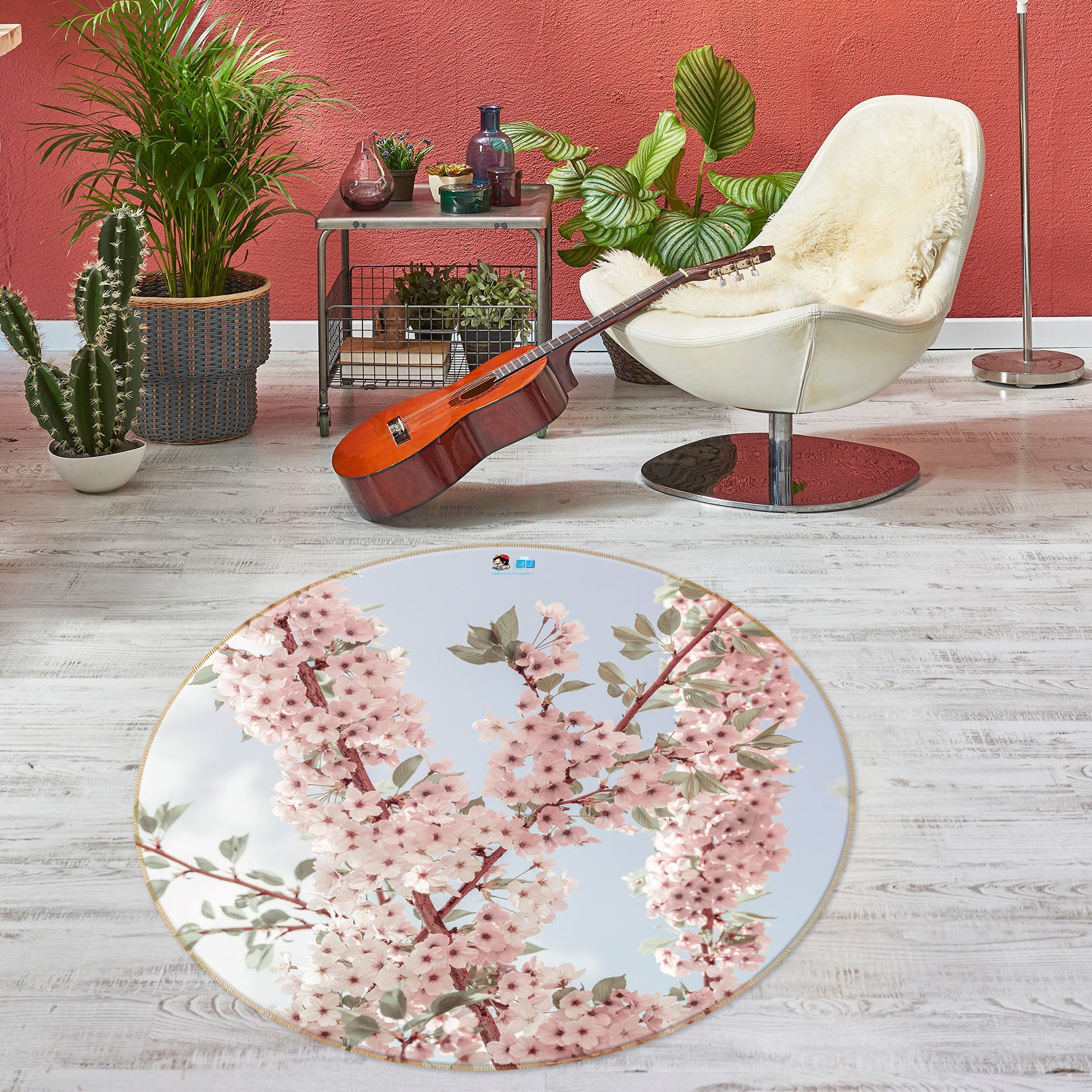 3D Pink Flower Branch 7540 Assaf Frank Rug Round Non Slip Rug Mat