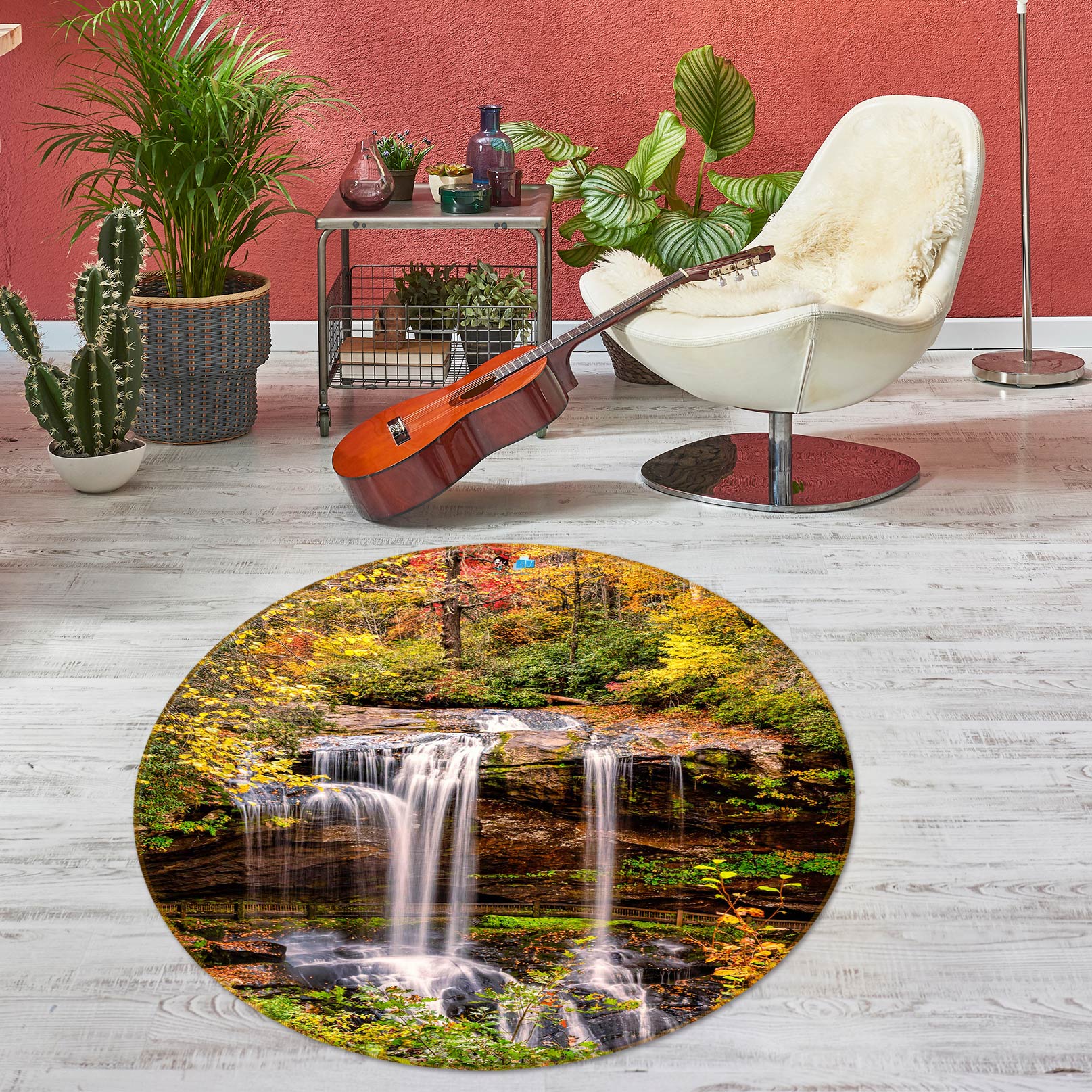 3D Forest Waterfall 5055 Beth Sheridan Rug Round Non Slip Rug Mat