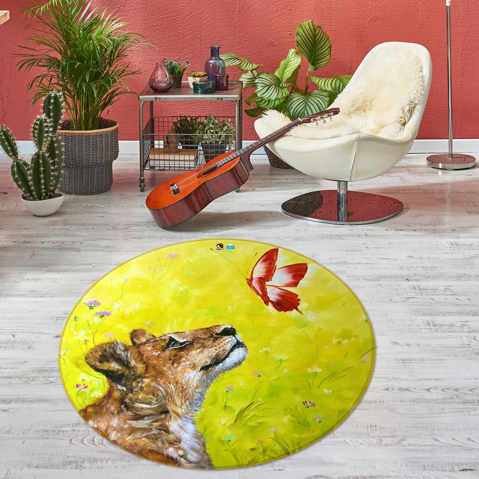 3D Lion Butterfly 877 Skromova Marina Rug Round Non Slip Rug Mat