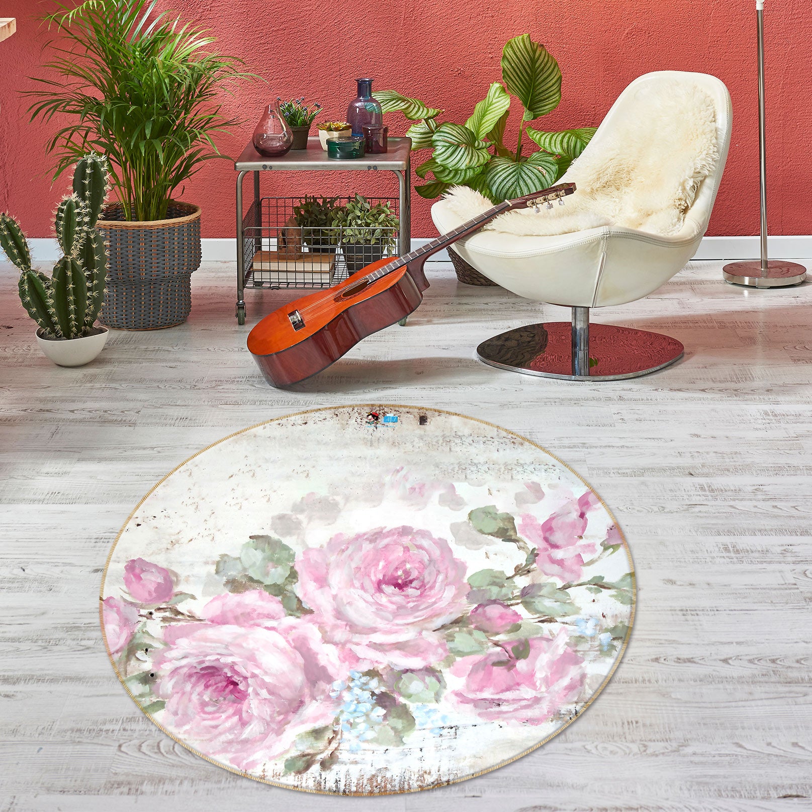 3D Flower Pink Rose 1173 Debi Coules Rug Round Non Slip Rug Mat