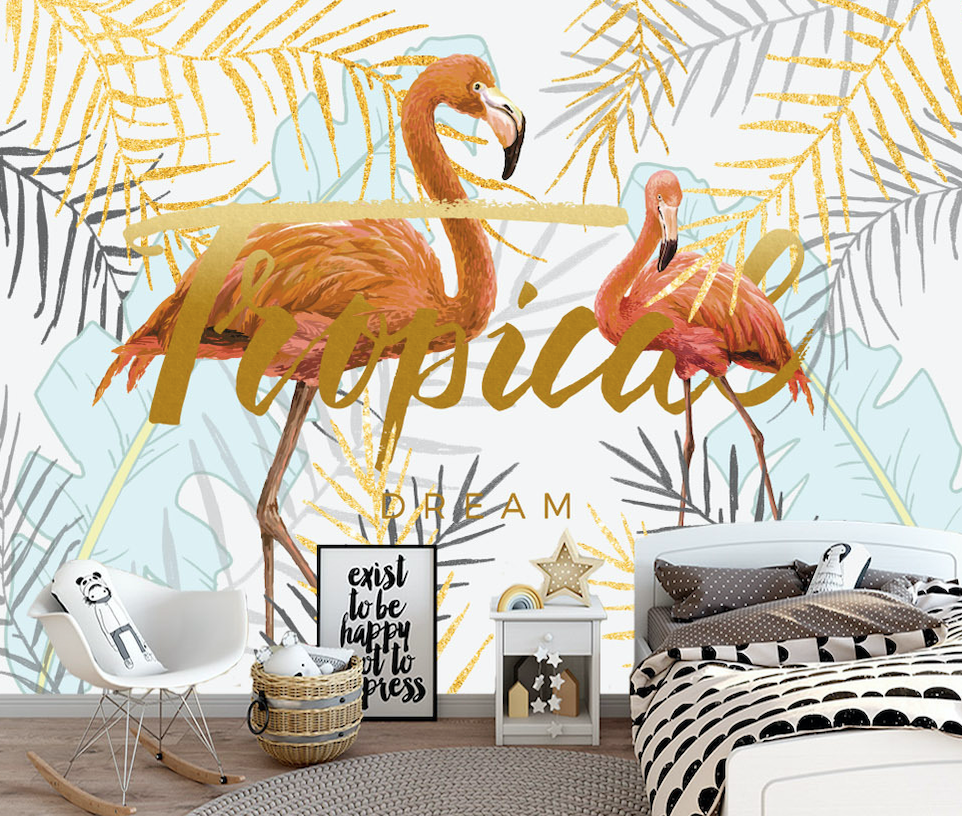 3D Golden Leaf Flamingo WG309 Wall Murals