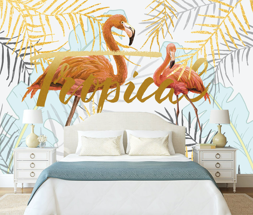 3D Golden Leaf Flamingo WG309 Wall Murals