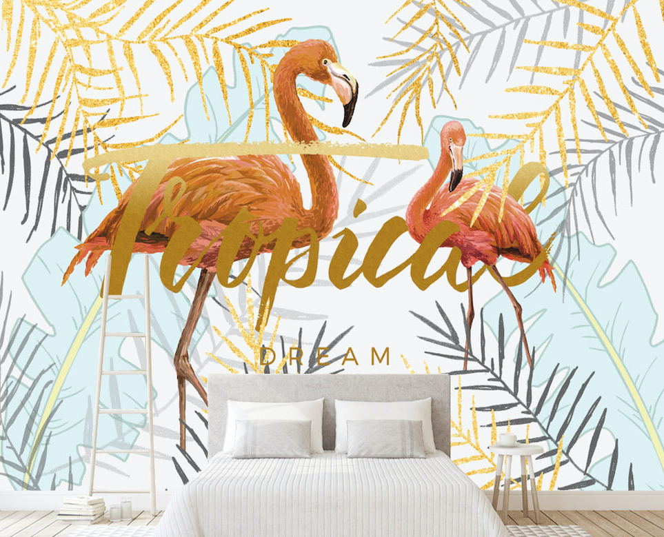 3D Golden Leaf Flamingo WG309 Wall Murals