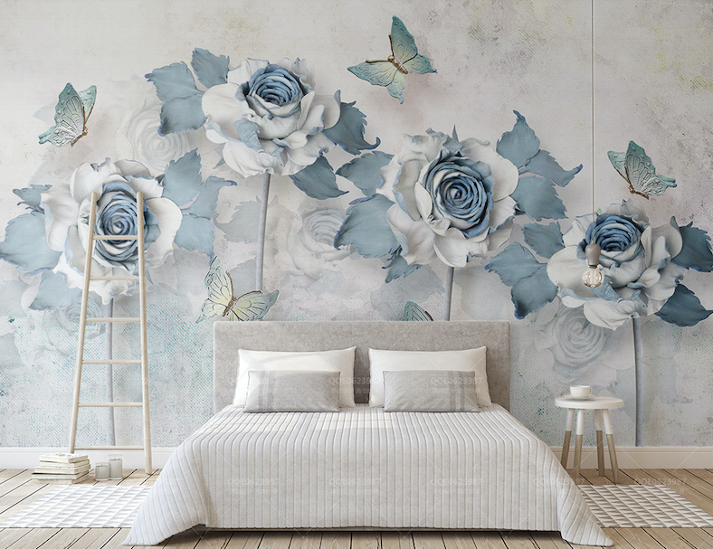 3D Blue Rose Butterfly WG007 Wall Murals