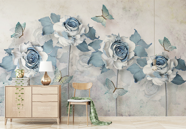 3D Blue Rose Butterfly WG007 Wall Murals