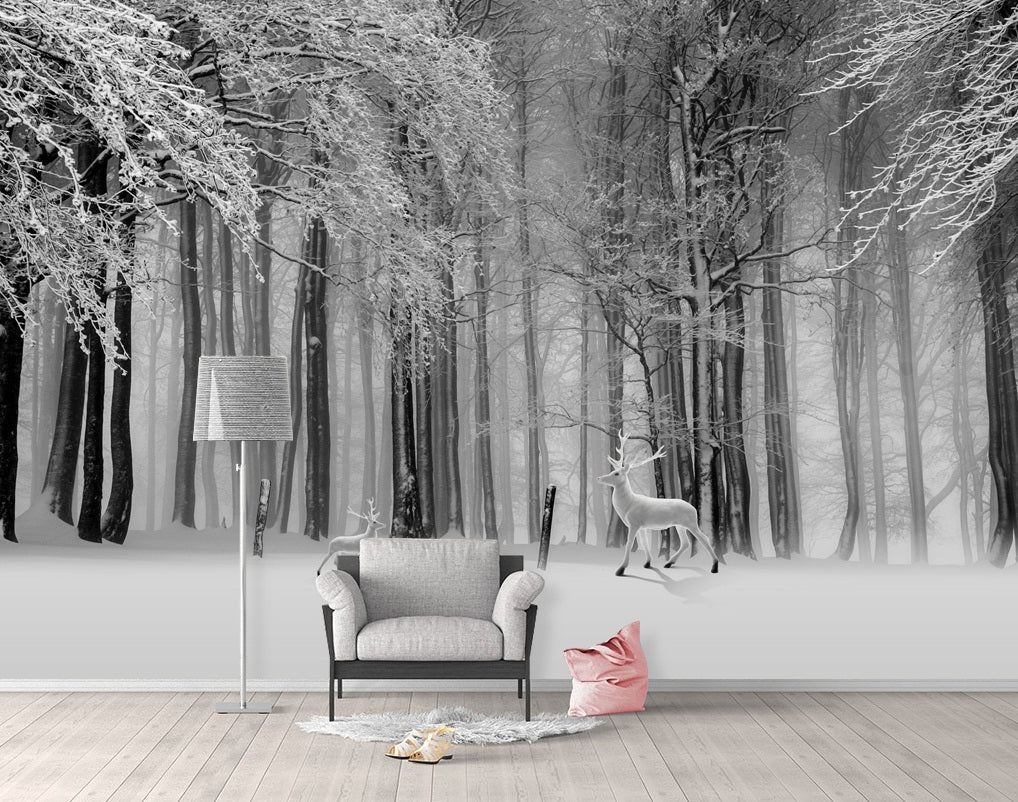 3D Deer Forest Snow WC479 Wall Murals