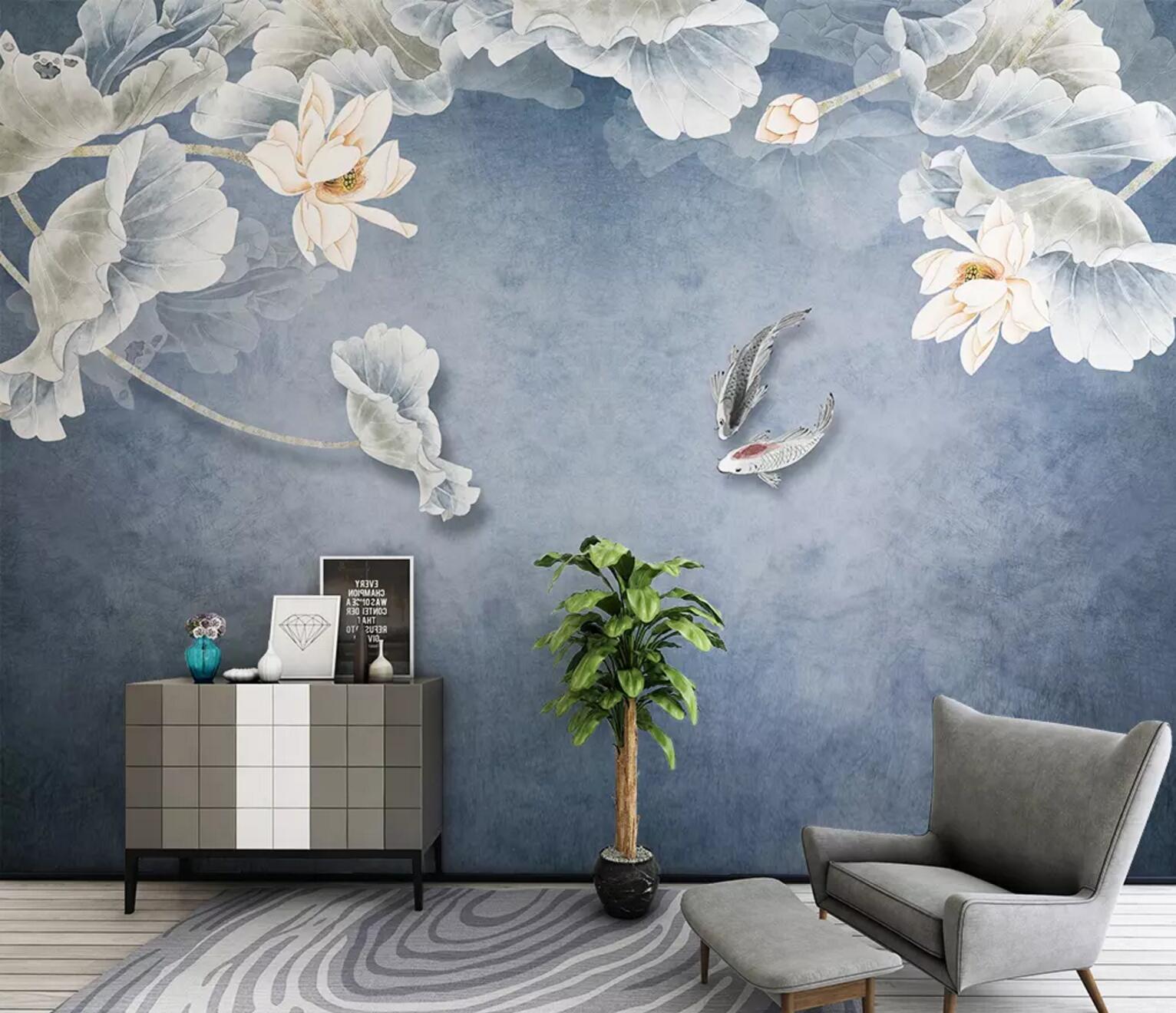 3D White Lotus Fish WC736 Wall Murals